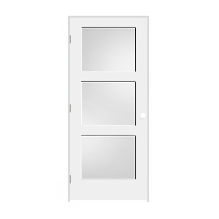 TRIMLITE Primed 3Panel Equal Panel White Lami Glass Interior Shaker 71/4" RH Prehung Door Satin Nickel Hinges 3068pri8433GLRH15714